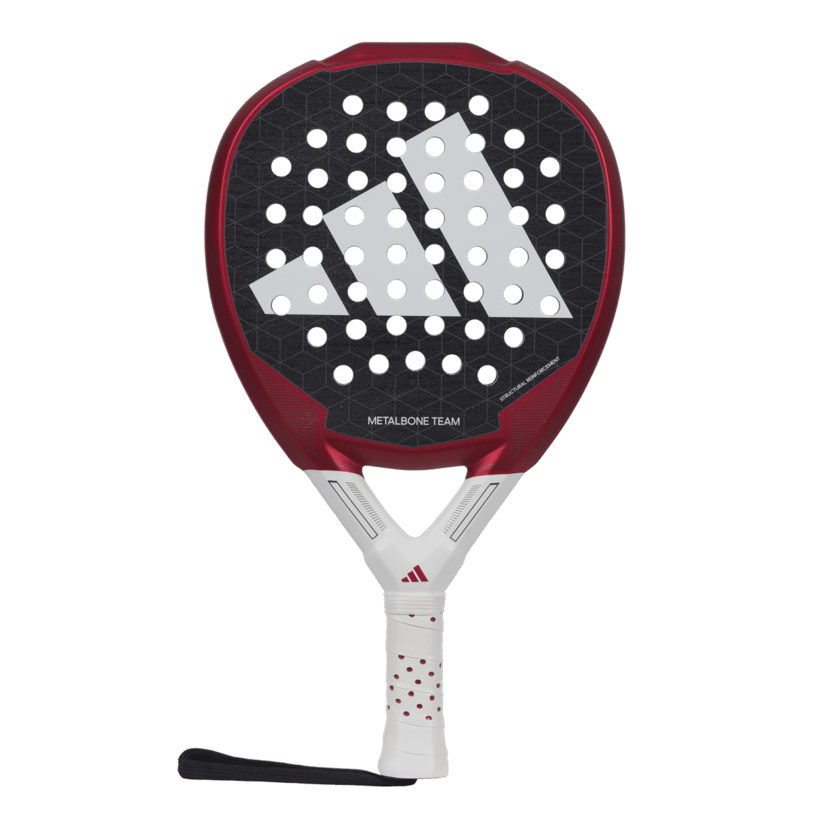 Der Adidas Metalbone Team 3.3 2024 Padelschläger zeichnet sich durch ein auffälliges rot-schwarzes Design aus, das durch ein weißes Logo mit drei diagonalen Streifen akzentuiert wird. Sein Griff ist mit weißem Griffband umhüllt und verfügt über eine schwarze Handschlaufe, die maximale Kontrolle und Komfort beim Spielen gewährleistet.