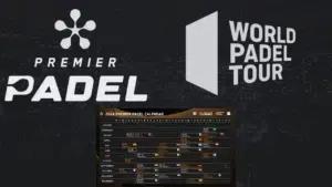 Auf einem dunklen Hintergrund sind „Premier Padel“ und „World Padel Tour“ in fetten Buchstaben zu sehen. Darunter zeigt der Premier Padel Kalender 2024 die Ereignisse über Monate hinweg mit Flaggen, die die Orte markieren, darunter auch Deutschland.