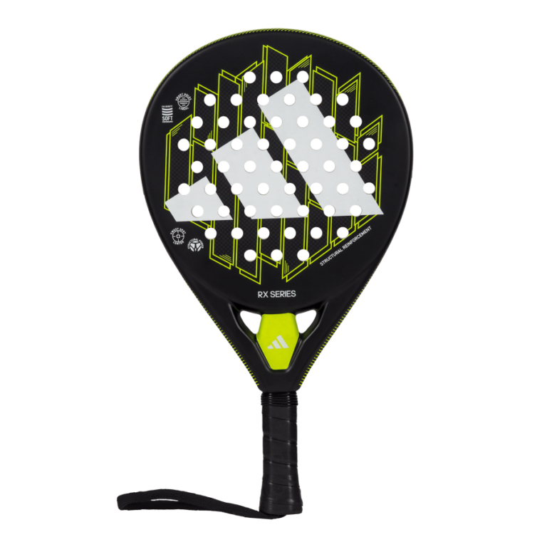 Der Adidas RX Series Lime 2024 Padelschläger verfügt über ein stilvolles Design in Schwarz und Lime, das durch ein weißes geometrisches Muster mit schwarzen Punkten auf der Oberfläche aufgewertet wird. Das „RX Series“-Branding ist in der Nähe des Griffs deutlich sichtbar und der Griff ist mit strapazierfähigem schwarzem Klebeband umwickelt, um optimales Spiel zu gewährleisten.